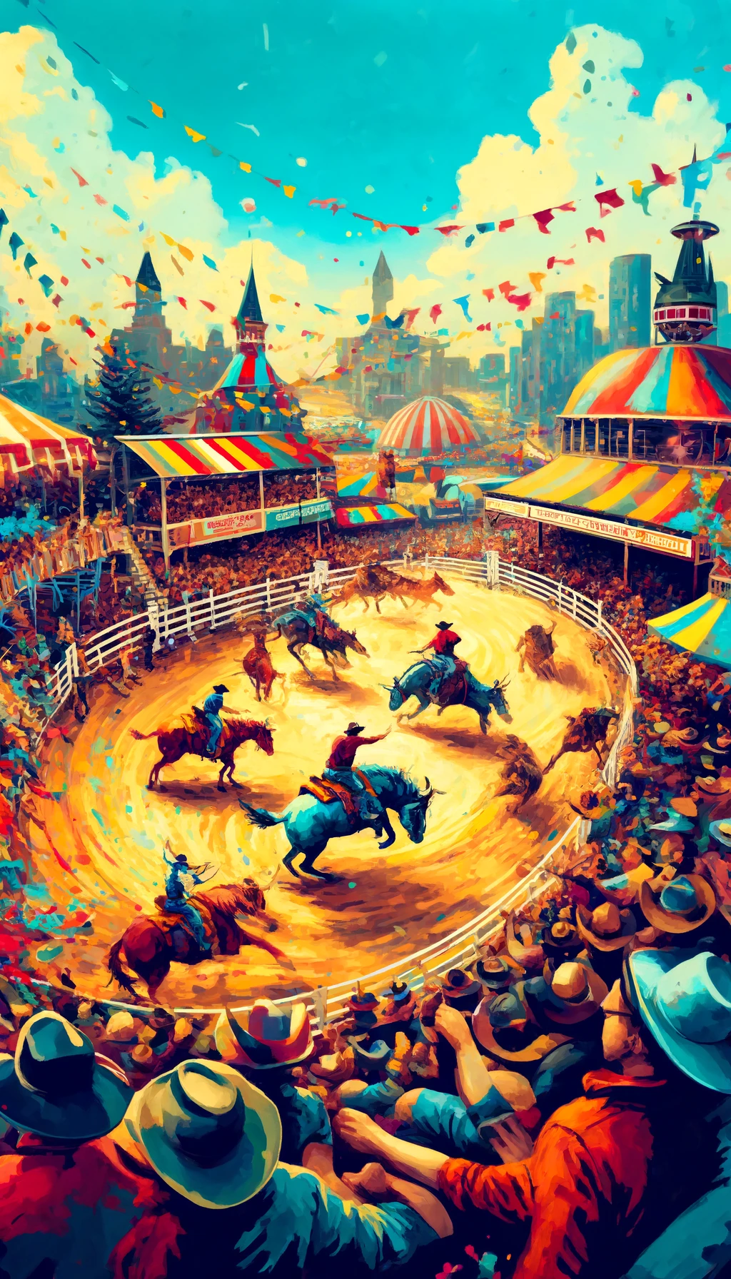 DALL·E 2024-04-19 14.37.12 - Artistic representation of the Calgary Stampede, showcasing vibrant scenes of the rodeo, festive atmosphere, and crowds enjoying the fair. The style s