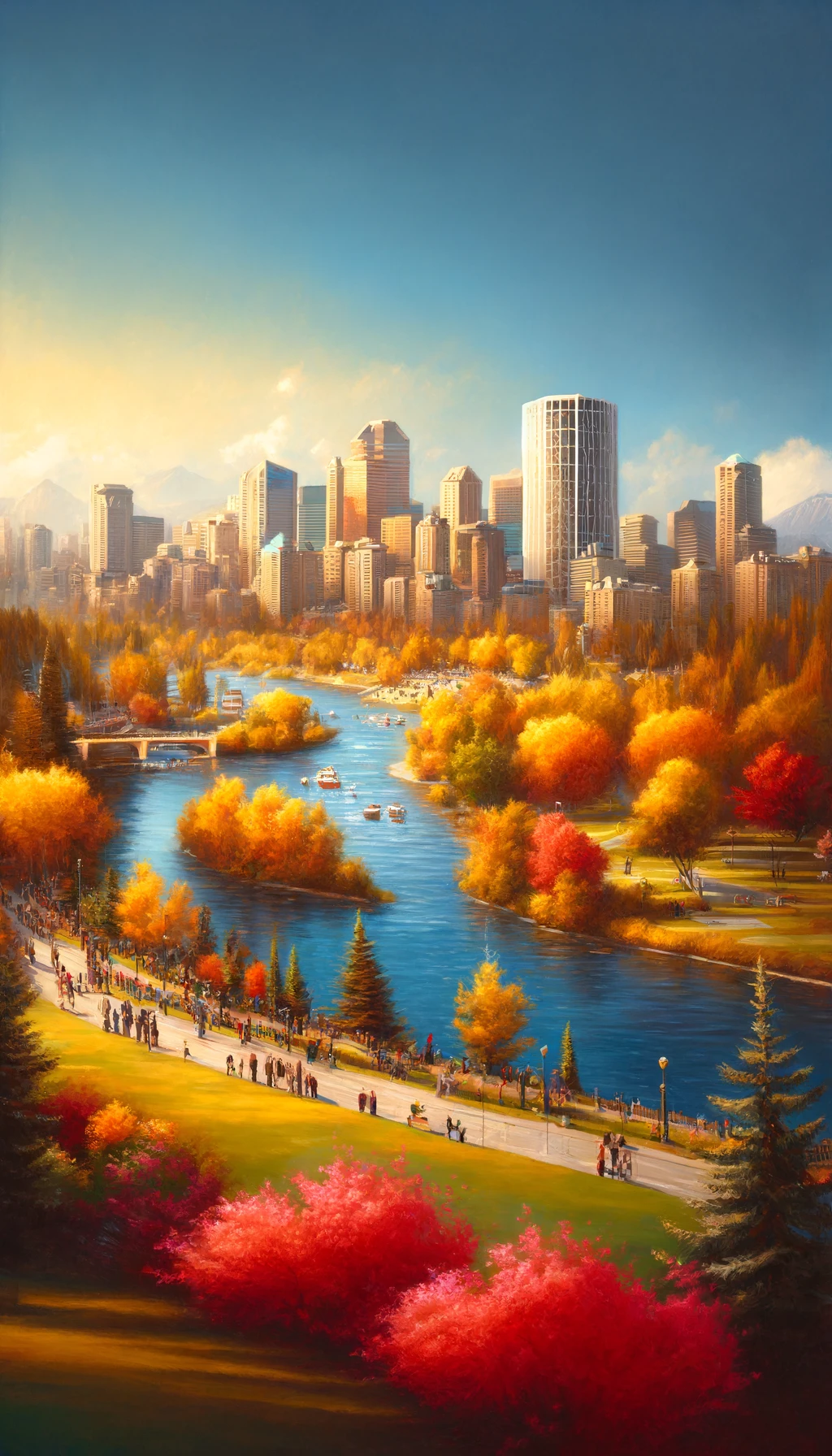 DALL·E 2024-04-19 14.39.40 - A picturesque depiction of Prince’s Island Park in Calgary during autumn, showing the vibrant fall colors, serene waterways, and bustling park life. T