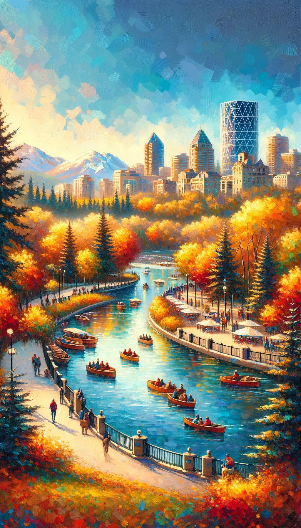 DALL·E 2024-04-19 14.39.41 - A picturesque depiction of Prince’s Island Park in Calgary during autumn, showing the vibrant fall colors, serene waterways, and bustling park life. T